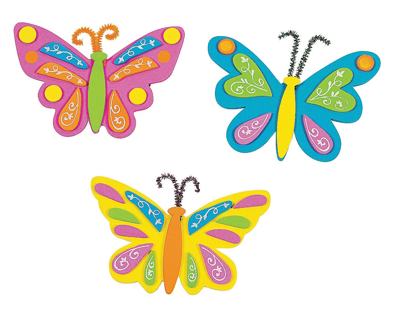 Three colorful butterflies made with sparkly craft foam and pipe cleaners.