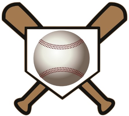 Illustration of two crossed baseball bats behind home plate with a baseball in the center of the plate.