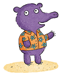 A purple tapir waving while wearing a yellow button down shirt with blue and white flowers.