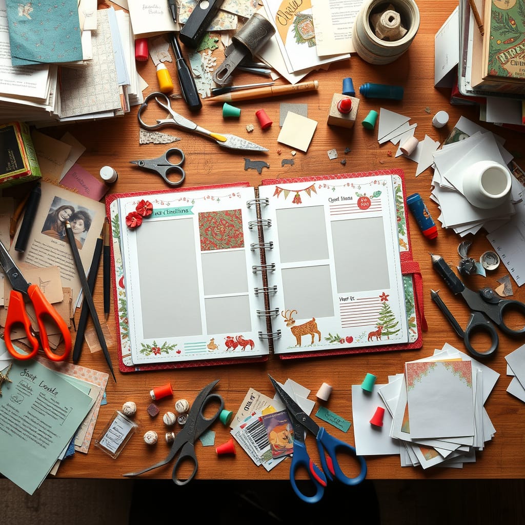 A scrapbook is lying open to a pair of Christmas-themed pages, ready for photos to be added. Assorted tools and supplies are scattered around the scrapbook.