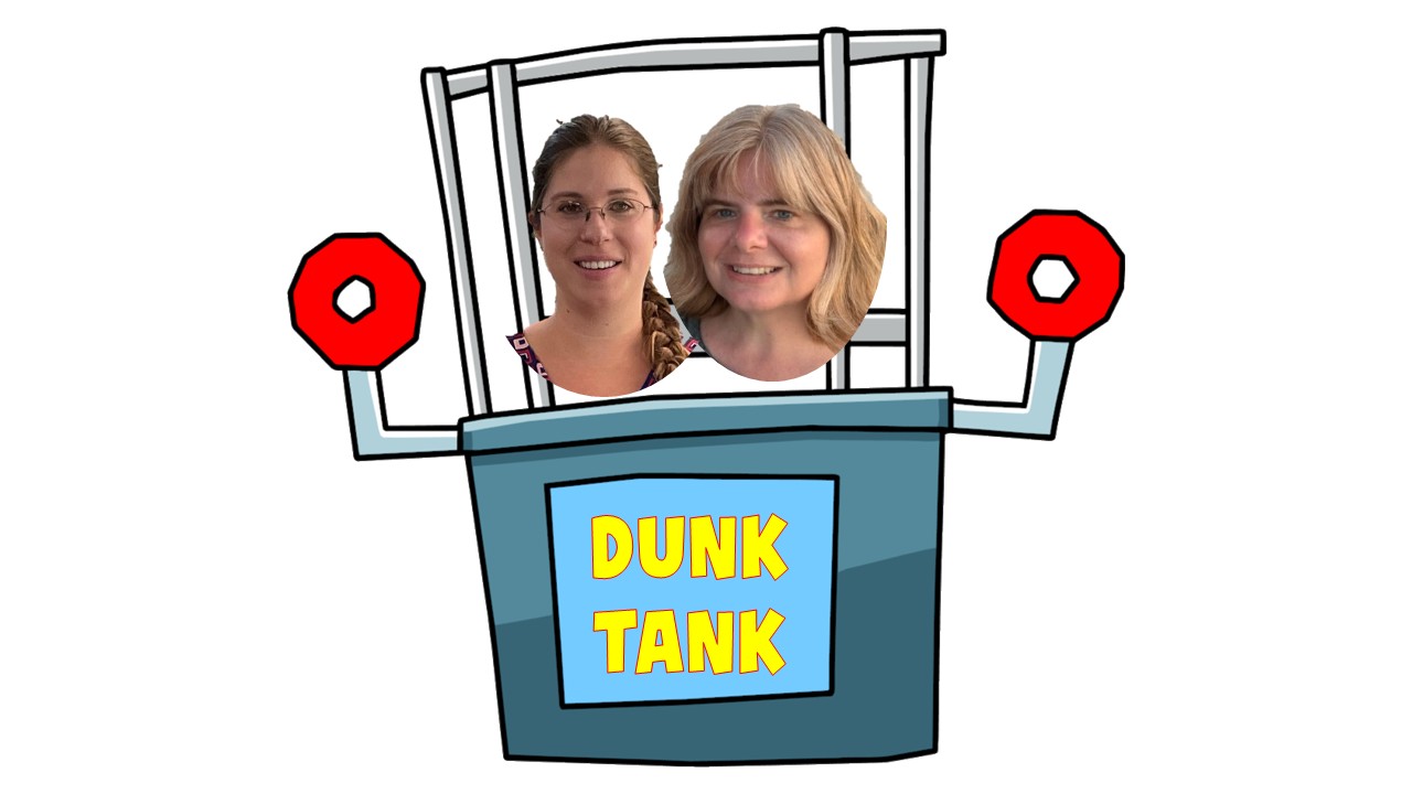 A cartoon dunk tank with photos of Sam Huber and Dawn Smith superimposed on the seat area of the dunk tank.