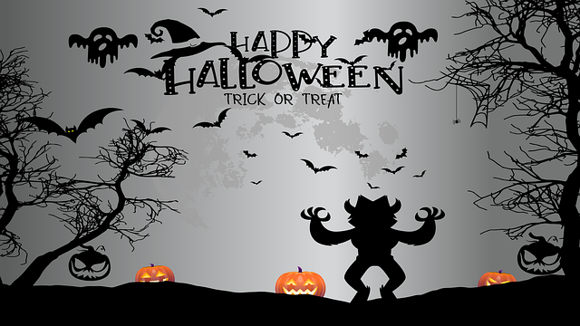 A Halloween background with silhouettes of trees, ghosts, bats, trees, and a scary figure with upraised arms.
