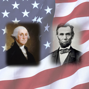 Photos of George Washington and Abraham Lincoln in front of a waving American flag background.