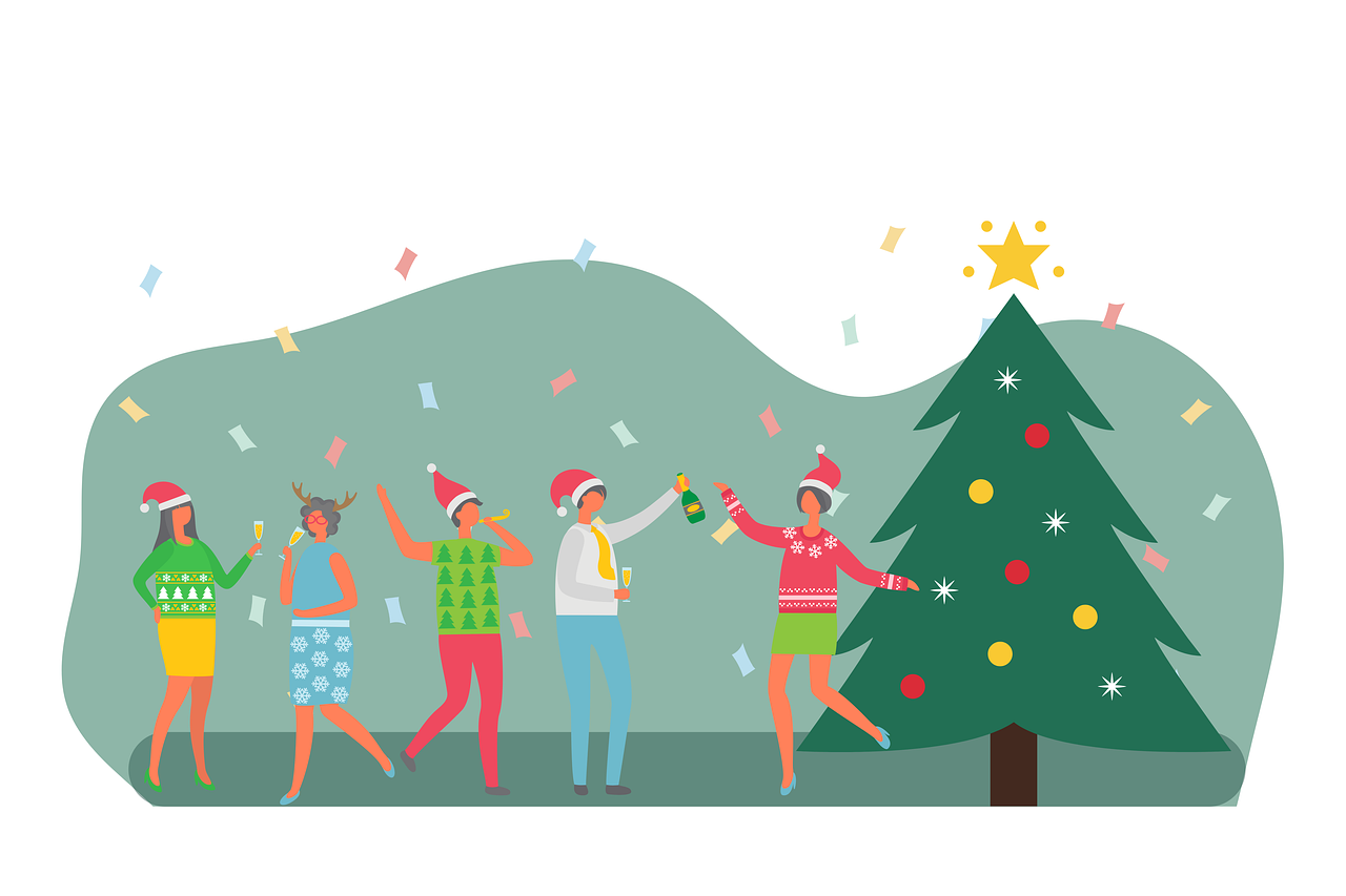 A cartoon illustration of people celebrating around a Christmas tree.