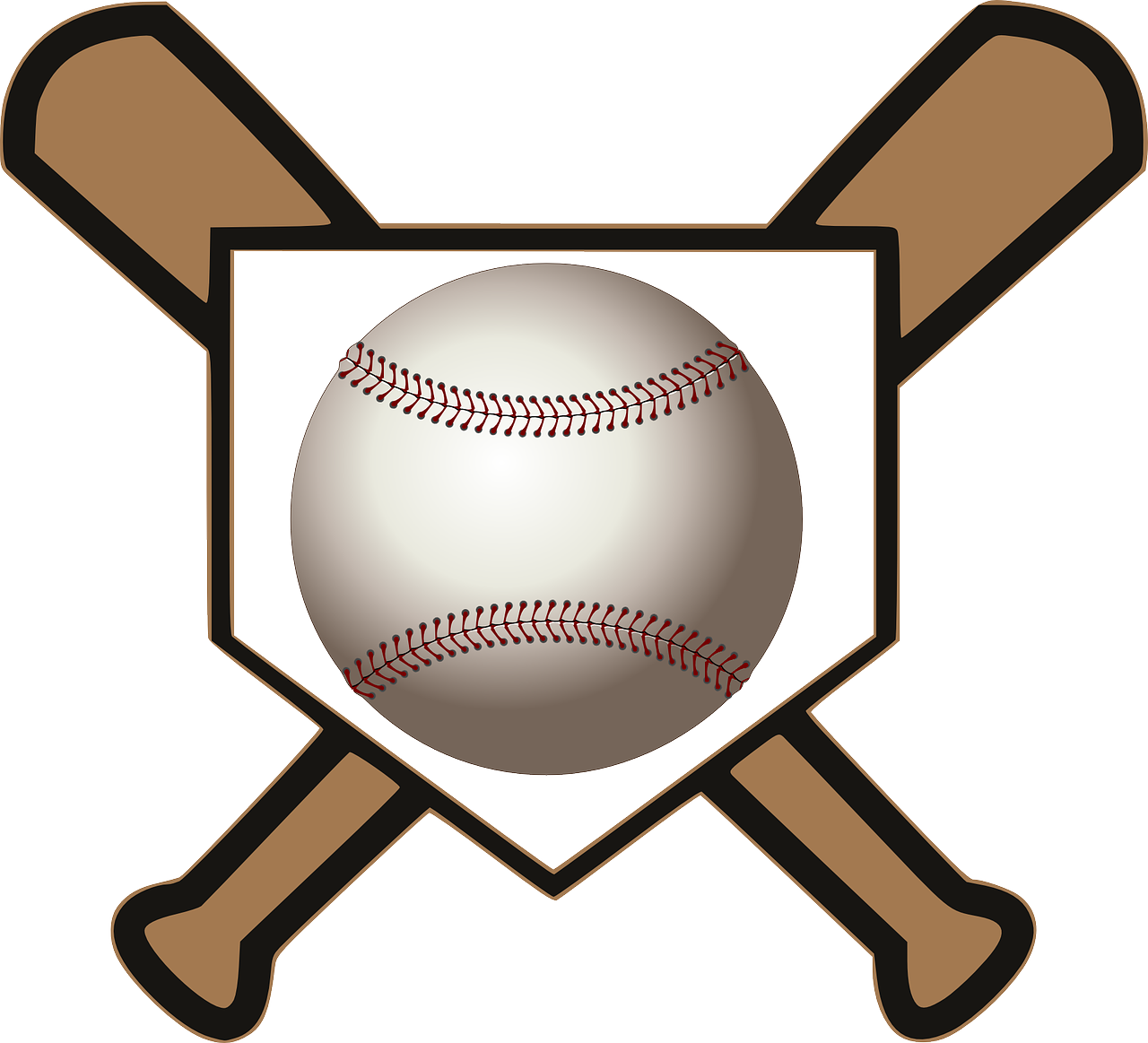 Two baseball bats form an "X" behind a vertical home plate base. A baseball is centered in front of home plate.