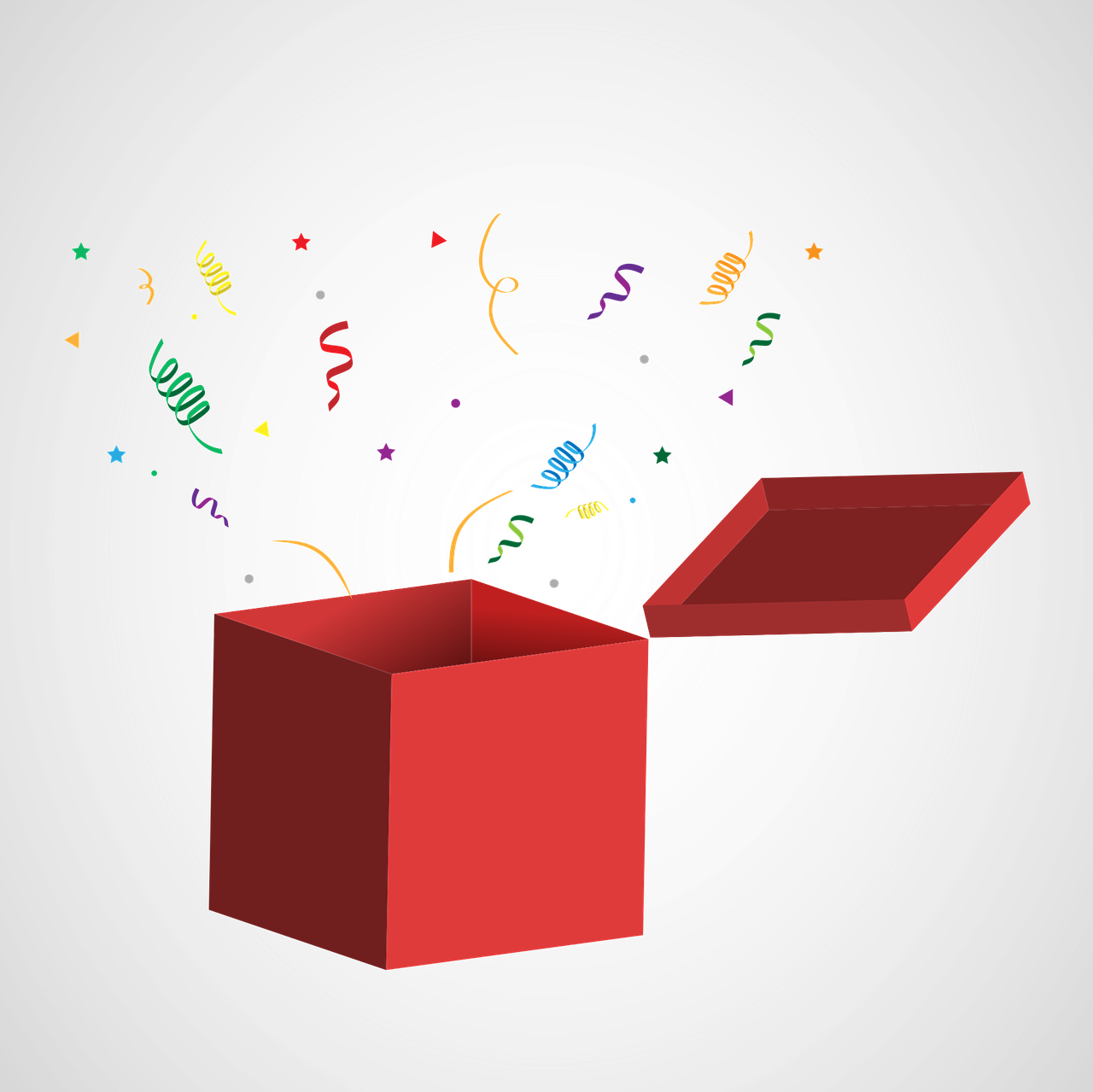 A red gift box. The lid is off the box. Confetti and streamers are popping out of the box.
