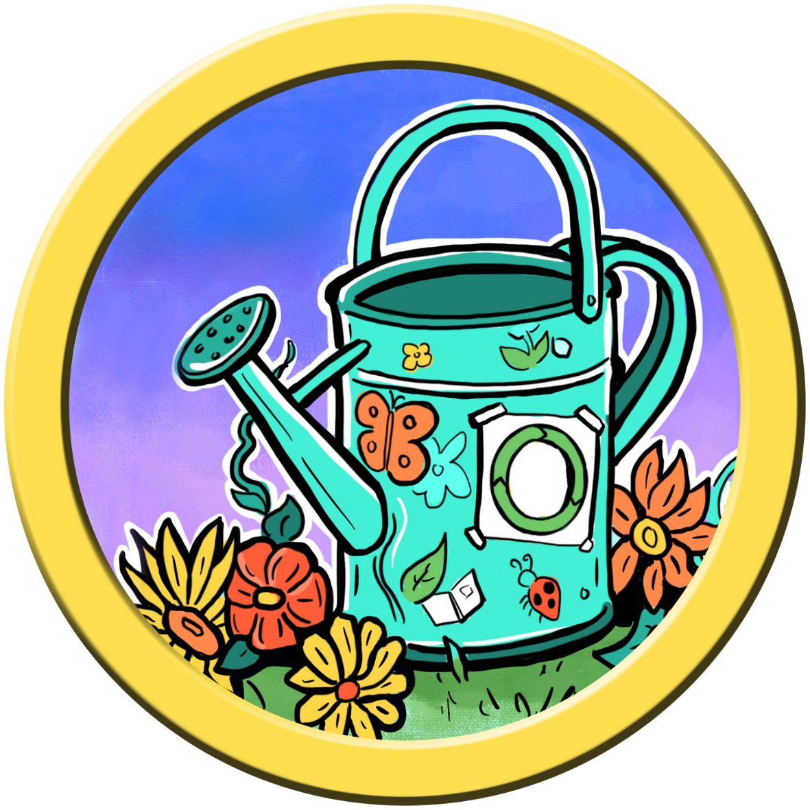 A hand-drawn illustration of a watering can.