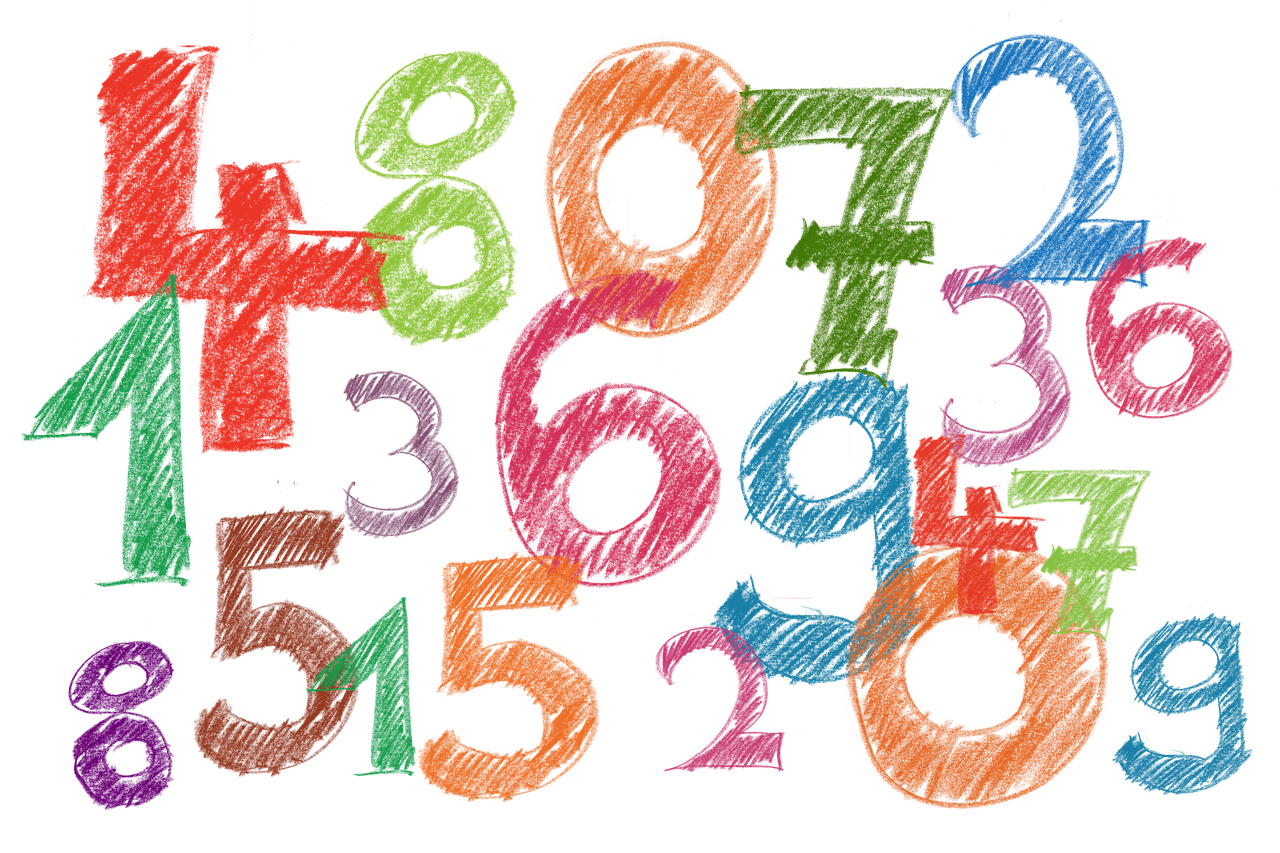 Numbers 0 through 9, roughly drawn in different colors of chalk. The numbers are scattered and not in any order.