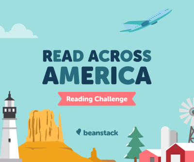 A graphic illustration of American sights, including a lighthouse, a large rock formation, and a farm with a windmill.