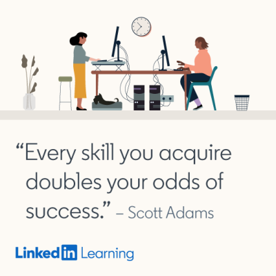 Illustration of two people working at desks with computers, featuring a quote by Scott Adams about skill acquisition and success.