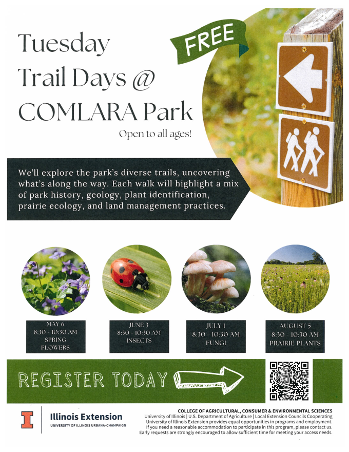 Flyer for Tuesday trail days at comlara park. Begins May 6th