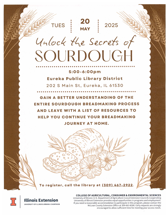 Flyer for sourdough breadmaking on May 20th at Eureka library.