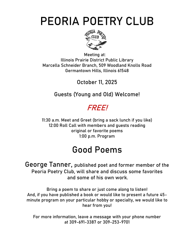 Peoria Poetry Club flyer for event on October 11, 2025.