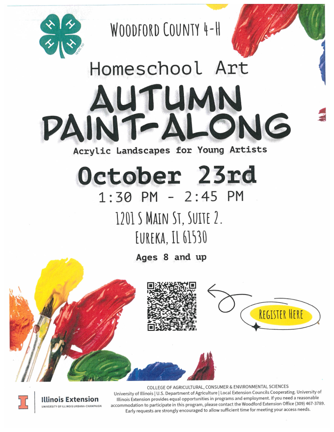 Flyer for Homeschool Art Program at Woodford County 4-H on October 23rd.
