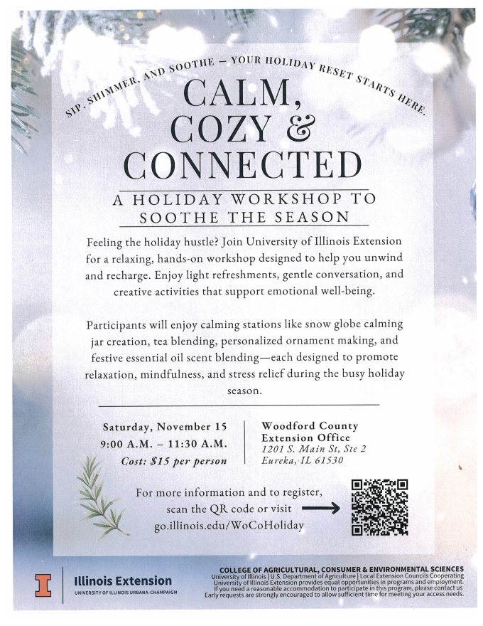Flyer for Calm, Cozy & Connected event at the Woodford County Extension office on November 15th. 