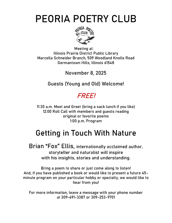 Flyer for Peoria Poetry Club meeting at the Germantown Hills library on November 8, 2025.