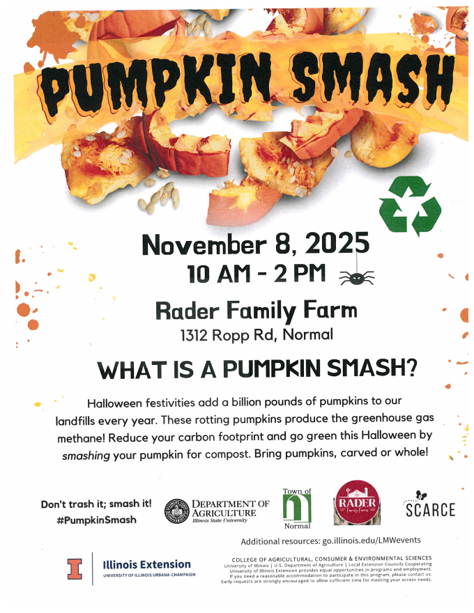 Flyer for Pumpkin Smash on November 8th at Rader Family Farm from 10 am to 2 pm.