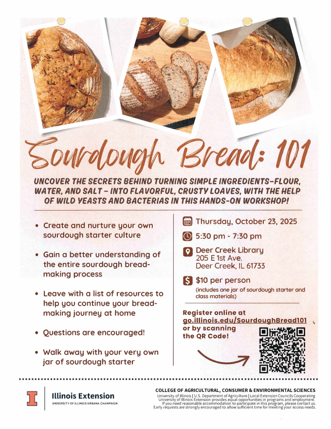 Flyer for Sourdough Bread workshop on October 23 at 5:30 at Deer Creek Library