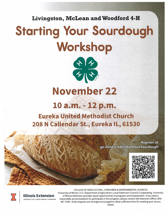 Flyer for Starting Your Sourdough Workshop on November 22nd at Eureka United Methodist Church.