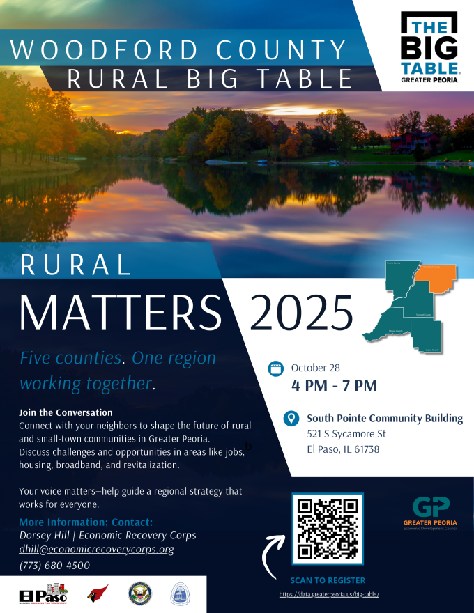 Flyer for Woodford County Rural Big Table on October 28th from 4 pm to 7 pm.