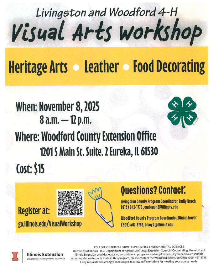 Flyer for 4-H Visual Arts Workshop at the Extension office on November 8th at 8 am. 