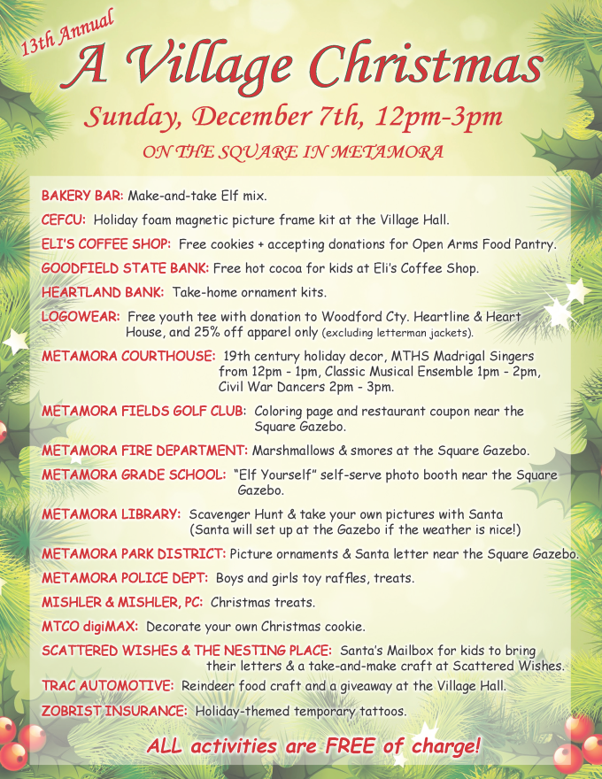 Flyer for A Village Christmas on December 7th from 12 pm until 3 pm.