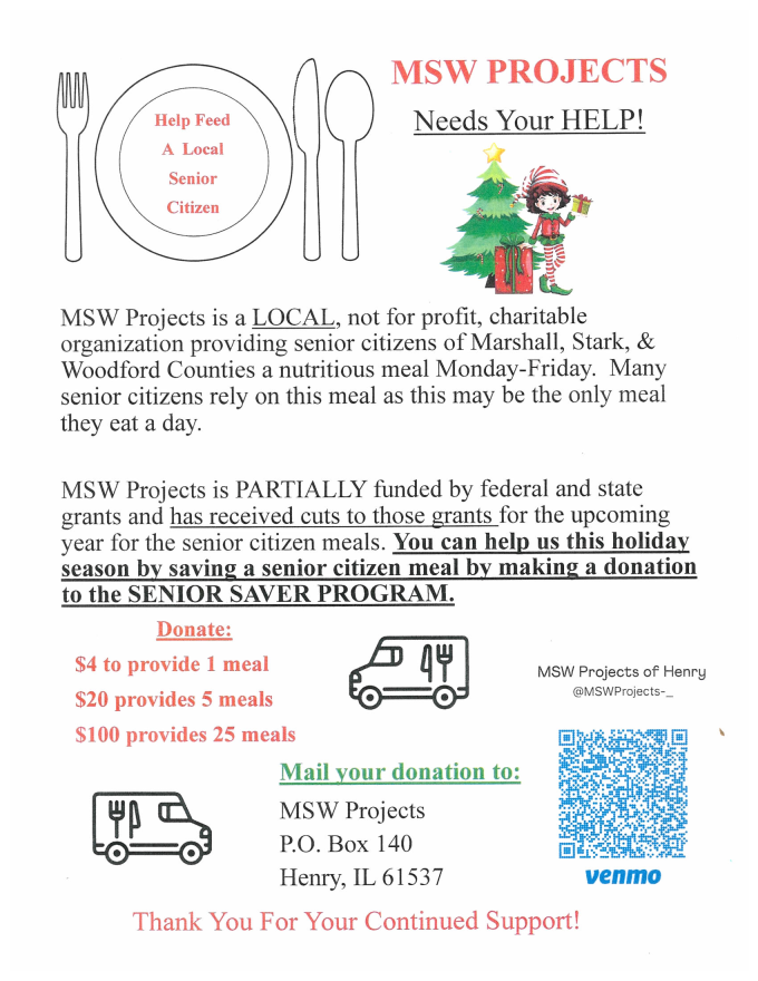 Flyer for donation information to MSW Projects Senior Saver Program