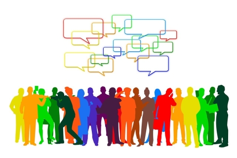 Colorful silhouettes of people with blank word balloons above their heads.
