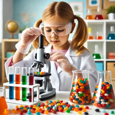 An elementary-aged girl wearing a white lab coat, safety goggles, and gloves, conducting scientific experiments with jelly beans.