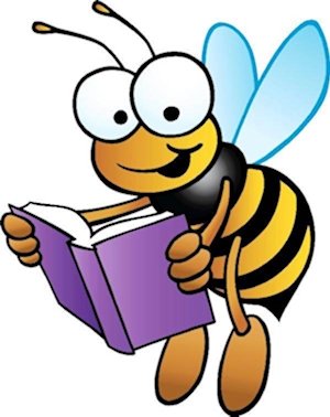 A cartoon bumblebee reading a book.