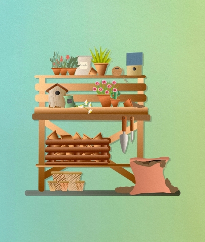 An illustration of a potting bench with various tools and gardening equipment on and around the table.