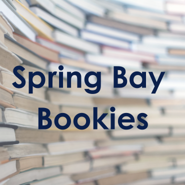 "Spring Bay Bookies" text over a semi-transparent background of stacked books.