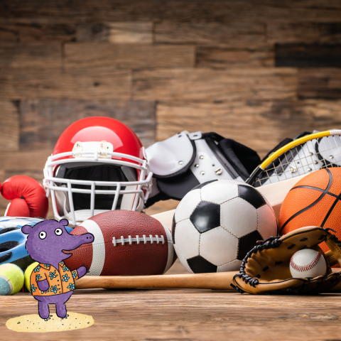 A pile of various sports equipment.