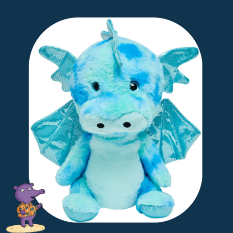 A blue dragon stuffy with a blue background