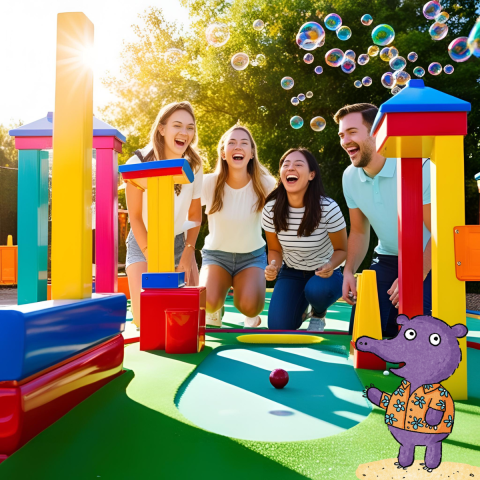 Smiling friends at a mini golf course with bubbles in the air.