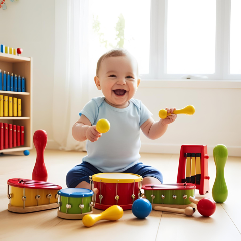 Baby playing an instrument surrounded by other instruments.