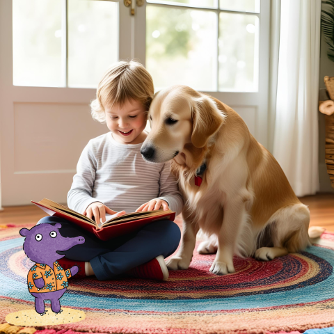A child reading to a dog.