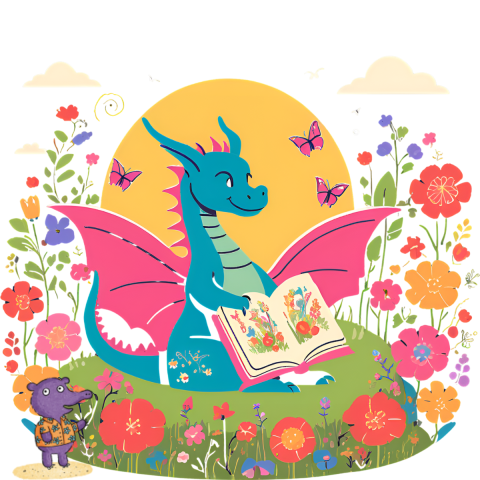 A dragon reading a book surrounded by flowers.