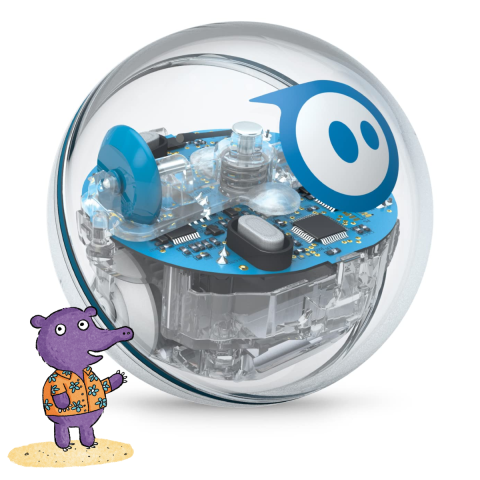 A picture of a blue and clear plastic sphere robot.