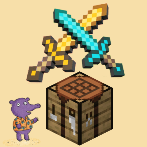Two Minecraft sword crossed over a Minecraft crafting table.