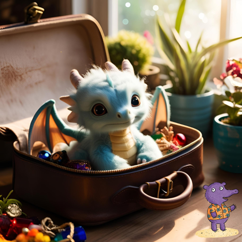 A blue baby dragon in a brown carrying case with sunlight shining through the window.