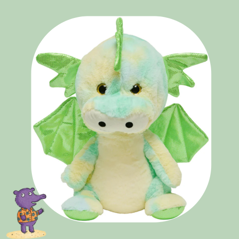 A green dragon stuffed animal.