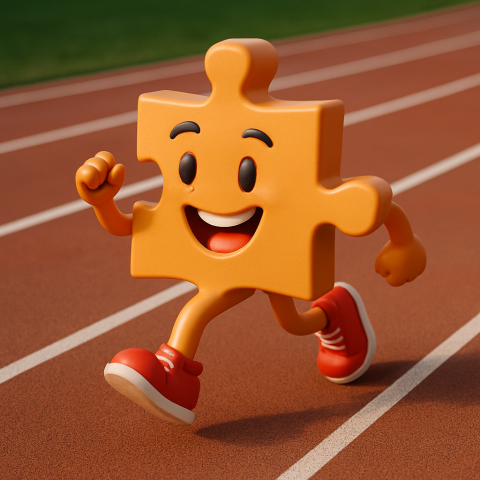 An anthropomorphic puzzle piece with arms and legs is smiling and running on a track.