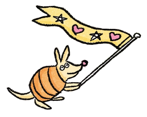 A cartoon armadillo holding a pennant on a stick.
