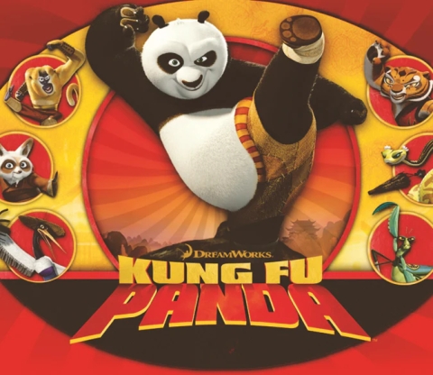 An anthropomorphic panda is doing a martial arts kick.