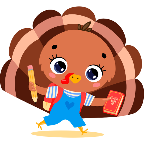 A turkey holding a book and pencil.