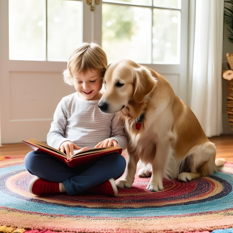 Child reading to a dog.