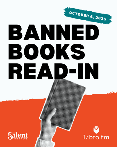 A hand holding a book. Text: Banned Books Read-In. October 6, 2025.