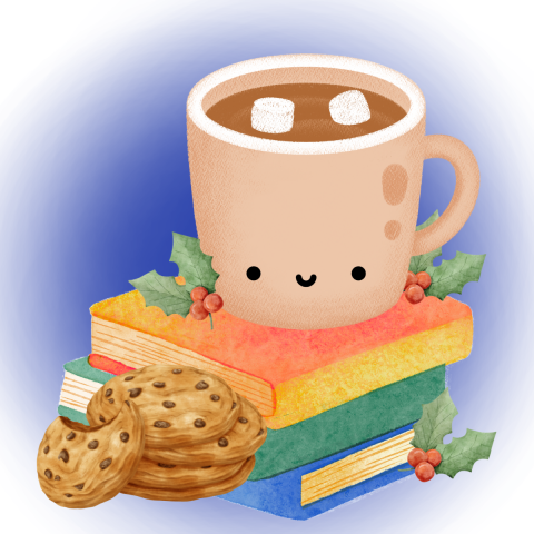 Smiling hot chocolate on top of three books surrounded by cookies and springs of holly.