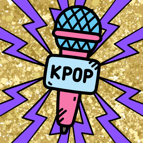 A picture of a microphone that says Kpop on it surrounded by purple lightning bolts on a gold background.